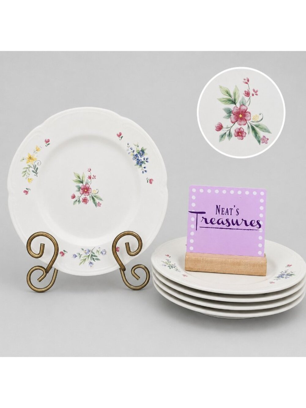 Pfaltzgraff MEADOW LANE White Stoneware Colorful Floral Spray Salad Plates Set 5